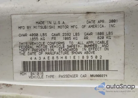 2001 Mitsubishi Eclipse Spyder Gt из США, поврежденный, VIN 4A3AE85H61E189502